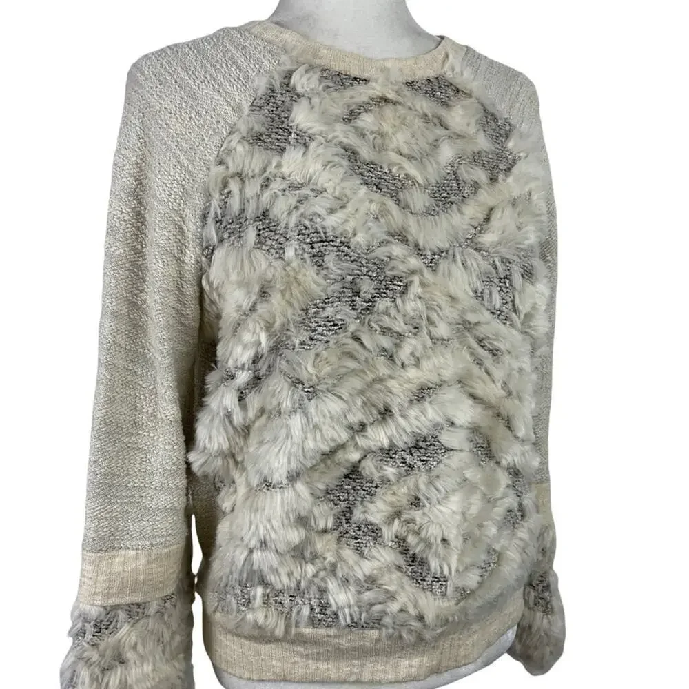 Anthropologie Amadi Calista Knit Faux Fur Cream Textured Sweater Cotton Small